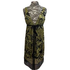 Suzi Chin Midi Dress Sleeveless Black Green Floral V-Neck Sheer Witchy Empire 10